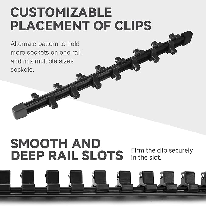 ALOANES 6 PC ABS Socket Organizer, 3/8 inch, Drive Socket Rail Holders, Heavy Duty Socket Racks, Black Rails with Black Clips