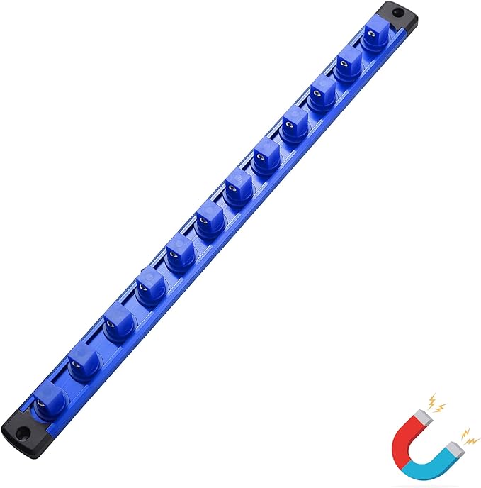 ALOANES Magnetic Socket Organizer, 1/2-Inch Drive Aluminum Socket Holder Socket Tray, Heavy Duty Socket Rail Organizer for Tool Box Drawer, 360°Swivel Clips Socket Rack 1/2-Inch x 12 Clips (Blue)