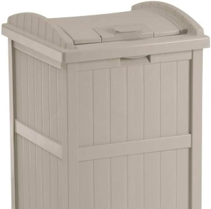 Suncast 33 Gallon Trash Hideaway Easy Assembly Durable Plastic Garbage Container with Wood Look Design, 1 Beige and Brown (2 Pack)