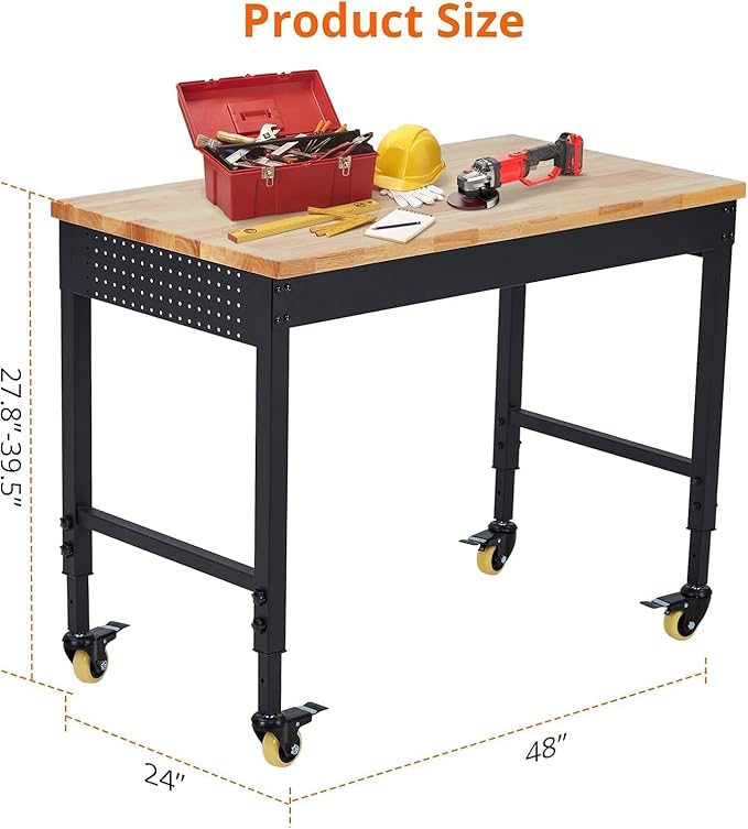 48x24 Inch Garage Workbench with Wheels, Adjustable Rubber Wood Top Garage Workbench with Power Outlet, 2000 Lbs Load Capacity, for Workshop, Woodworking, Office, Home.