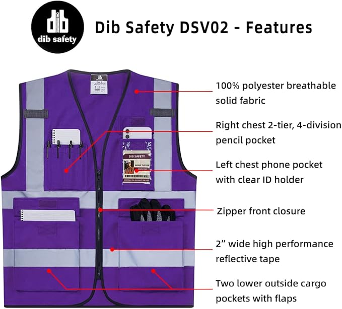 Dib Safety Reflective Vest High Visibility with Pockets and Zipper, Purple M