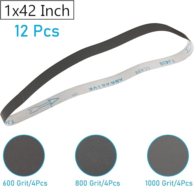 1x42 Sanding Belts for Knife Sharpening,Silicon Carbide Belt Sander Belts 600 800 and 1000 Assorted Fine Grits,12-Pack