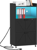 2 Drawer File Cabinet On Wheels & Charging Station, Wood Filing Cabinet with Lock & LED Light, Large Storage Printer Stand for Home Office, Black
