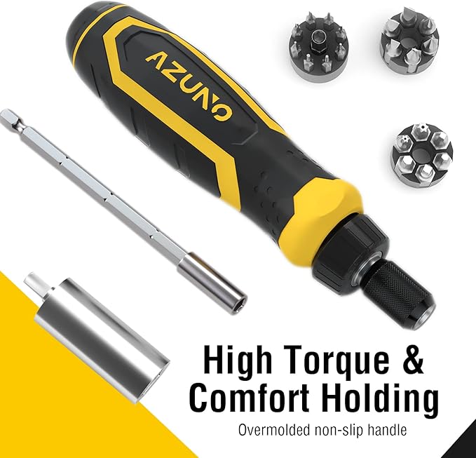 AZUNO 24 IN 1 Ratchet Screwdriver Set with Universal Socket, 20 CRV Bits Stored in Handle, 12+8 Slotted/Philips/Torx/Hex/Square Sand Blasted Bits and Chrome Plated Precision bits.