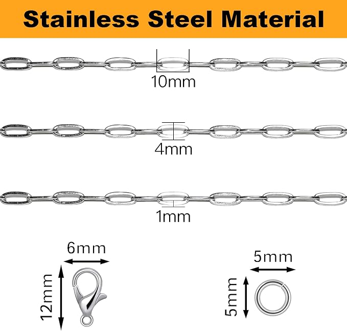 Jishi 16ft Paperclip Chain 4mm Silver Stainless Steel Paper Clip Link Chain Roll - Image 3