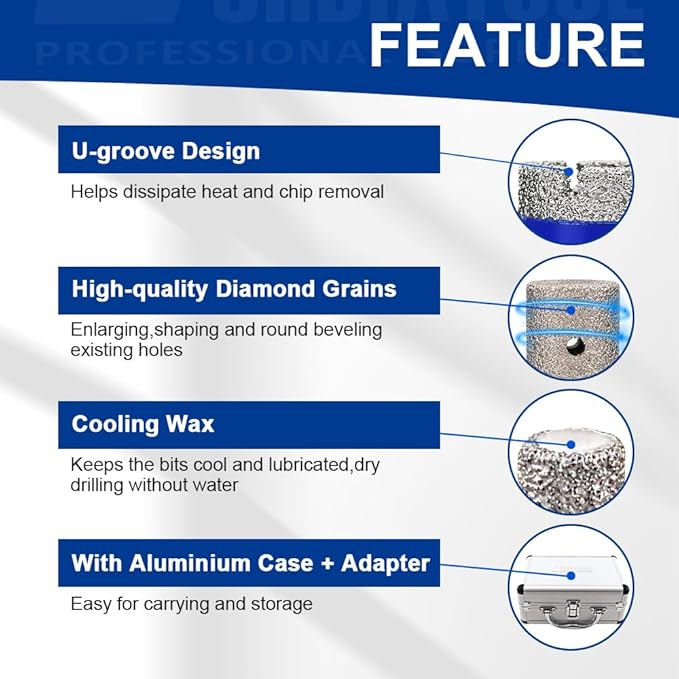 SHDIATOOL Diamond Core Drilling Bits Set for Porcelain Hole Saw Cutter for Tile Marble Ceramic Granite Kit 5/8-inch-11 8pieces