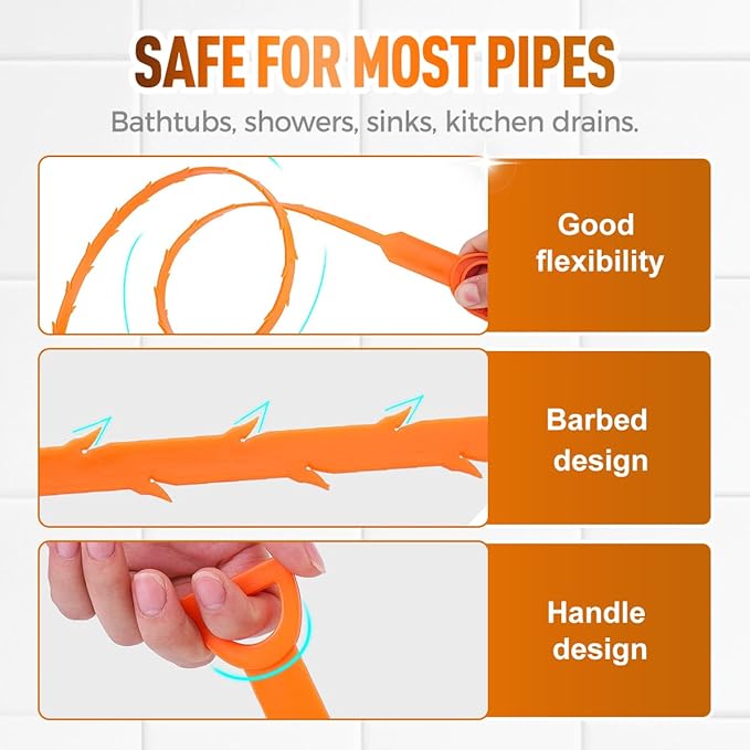 5 Pack 25 Inch Drain Snake, 2025 New Clog Remover, Flexible Hair Removal Tool for Bathroom and Kitchen, Durable Pipe Cleaning Tool for Homeowners (20 Pack)