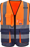 Orange&Navy Small High visibility vest,Reflective Safety Vest Workwear 7 Pockets Hi Vis Durable Vest with Reflective Tapes 4 Lower Pockets