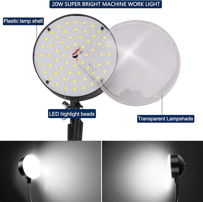 20W WangJiaTai Magnetic Work Light, LED Machine Work Light with 16 in Flexible Gooseneck and Magnetic Base, Shop Tool Lamp for Lathe, Work Bench,Machine,Grill,Industrial Lighting, 2000Lumens, Silver
