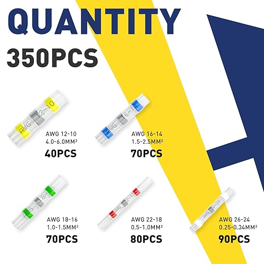 haisstronica 350PCS Solder Seal Wire Connectors,26-10 Gauge Marine Grade Heat Shrink Wire Connectors,Waterproof Butt Connectors,Butt Splice Eletrical Wire Connectors Kit(5Colors/5Sizes)