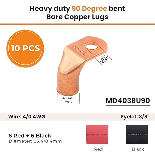 SELTERM 10pcs - 4/0 AWG 3/8" Stud - 90° Bent Battery Lugs - Ring Terminal Connectors with 12pcs 3:1 Black & Red 1" Heat Shrink Tubing - Heavy Duty Battery Cable Ends - Bare Copper Wire Connectors Kit