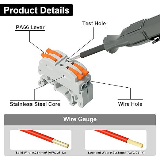 5Pcs DIN Terminal Blocks, 2 Conductor Compact Wire Conductor Splicing Connectors, KV223 Lever Wire Connectors for AWG 28-12, 600V 32A