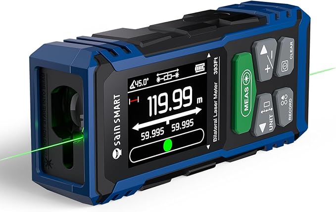 SainSmart Dual Laser Measuring Tool, 393Ft/120M Green Bilateral Distance Meter with Backlit LCD, Rechargeable, Multi-Unit (Ft/in/M), Electronic Level, Length/Area/Volume/Angle Sensor/PC Data Transfer