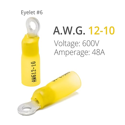 Wirefy Heat Shrink Ring Terminals #6 - Marine Grade Terminal Connectors - Waterproof Eyelet Wire Connectors - Red 10-12 AWG - 90 PCS