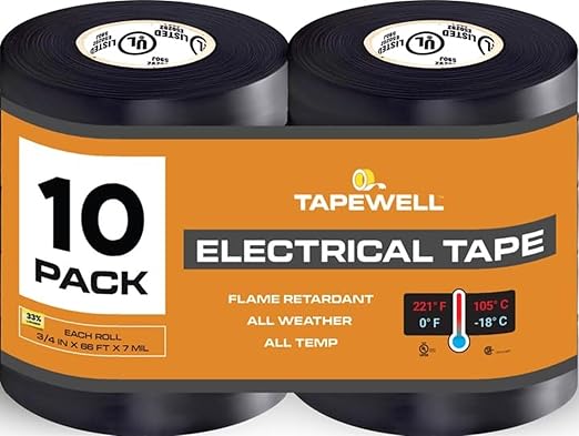 Vinyl Electrical Tape Black, Professional Grade, 3/4 inch x 66ft, Pack of 10
