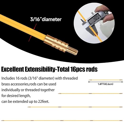 32.2FT Fiberglass Running Electrical Wire Cable Glow Rods Wire Pulling, Fish Rods Electrical Kit with 6 Different Attachments and Fish Tape Wire Puller Kit (Yellow)