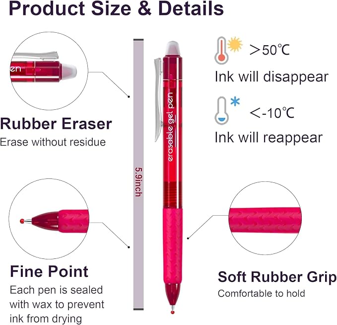 Lineon Erasable Gel Pens, 18 Colors Retractable Fine Point Erasable Pens Clicker - Image 2