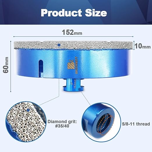 6 Inch Diamond Core Drill Bit for Porcelain Tile Ceramic Marble Granite Drilling,BRSCHNITT 1pc Vacuum Brazed Diamond Hole Saw with 5/8-11 Thread (152mm)