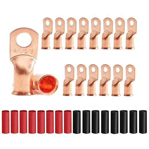 16Pcs 4/0 AWG 5/16" Stud Heavy Duty Copper Wire Lugs with 16Pcs Heat Shrink Tubing 4/0 Gauge Ring Terminals Battery Cable Ends Bare Copper Eyelets Tubular Ring Terminal for Car Boat Marine