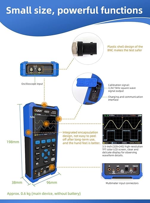 HDS272 Oscilloscope, 70MHz Bandwidth Dual Channel Oscilloscope Multiumeter, 2 in 1 Function 20,000 Counts Multiumeter 3.5" LCD for Electronic Measurement Circuit Design, Test, Repair