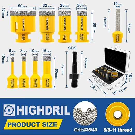 HIGHDRIL Diamond Drill Bits Kit with 5/8-11 for Porcelain Tile Ceramic Marble Brick Concrete Vacuum Brazed Hole Saw(6/8/10/16/20/25/32/50mm+10mm Finger Bits+SDS Shank Adapter