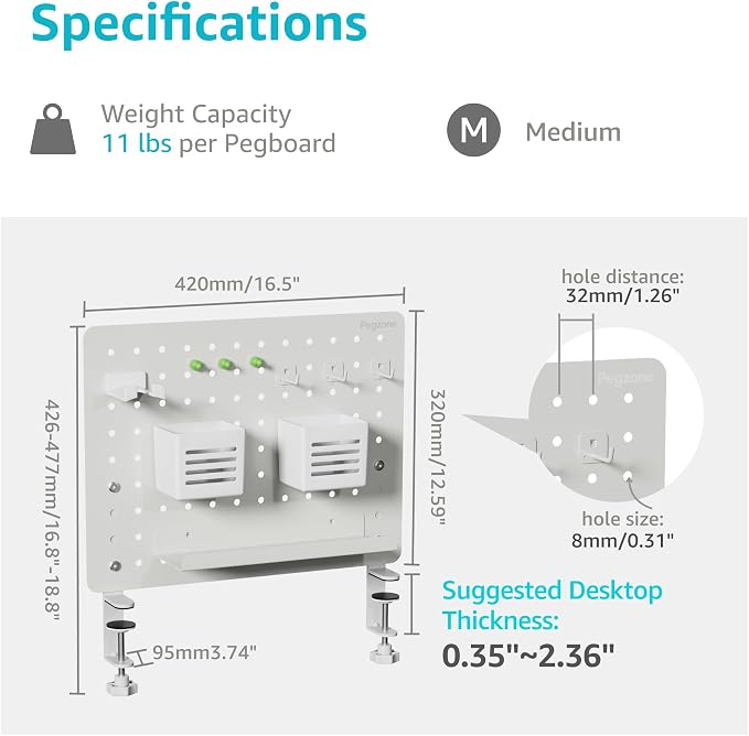 PEGZONE Clamp on Desk Pegboard, 16.5" x 12.6", - Image 6