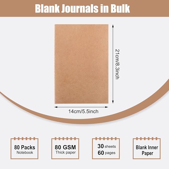 EOOUT 80pcs Kraft Notebooks for Kids, Blank Journals Bulk, Sketch Books - Image 2