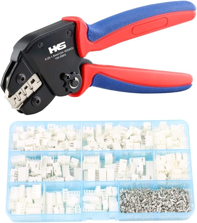 HKS Open Barrel Crimping Tool with 720PCS JST-XH Connectors Kit - 24-16 AWG (0.25-1.5mm²) Labor-saving Crimper for AMP-TE 2.8/4.0/4.8/6.3 JST-SM2.54/XH2.54/VH3.96 & Molex (YM-58BS)