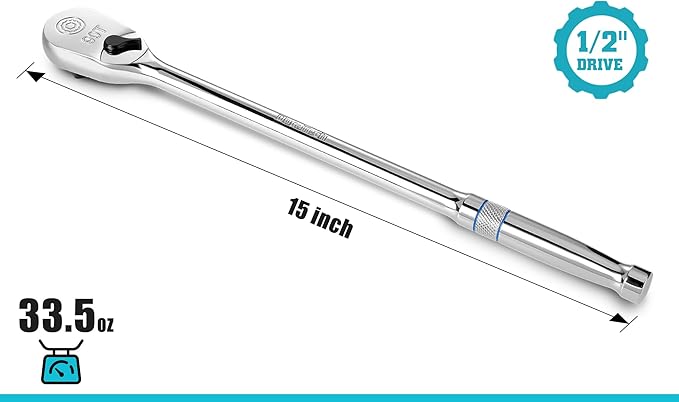 DURATECH Extra Long Handle 1/2-Inch Drive Ratchet, 90-Tooth Ratchet Wrench with 15" Handle and Dust Proof Teardrop Enclosed Head, Reversible, CR-V Steel Made, CR-MO Head, Full Polished, Gifts for Men