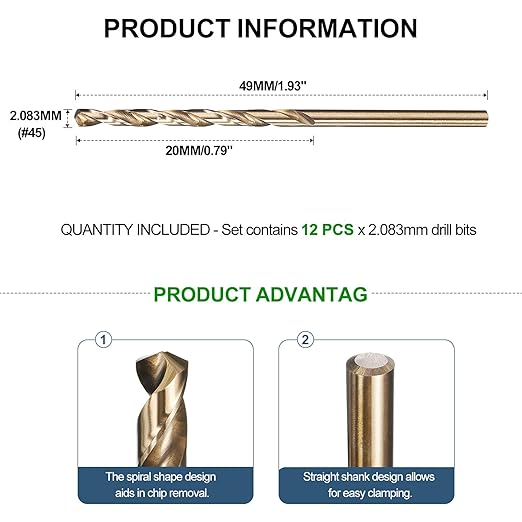METALLIXITY Drill Bit (#45) 12Pcs, M2 High-Speed Steel Micro Number Bits Spiral Flute 135°Point Tip Gold Finish for Stainless Steel Iron Copper Aluminum Hard Metal