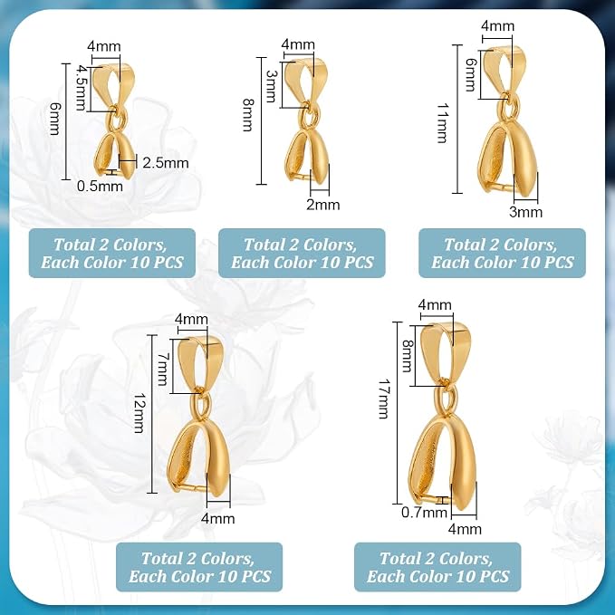 PH PandaHall 100pcs 5 Sizes Pendant Pinch Bail Clip, Brass Pendant Connector - Image 2