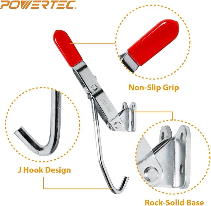 POWERTEC 2PK Toggle Clamp with J Hook, 375 lbs Holding Capacity, 451 Adjustable Pull Action Latch for Smoker, Tool Box, Woodworking Jigs and Fixtures, Cabinet, Lids, Door, Truck (20308-P2)