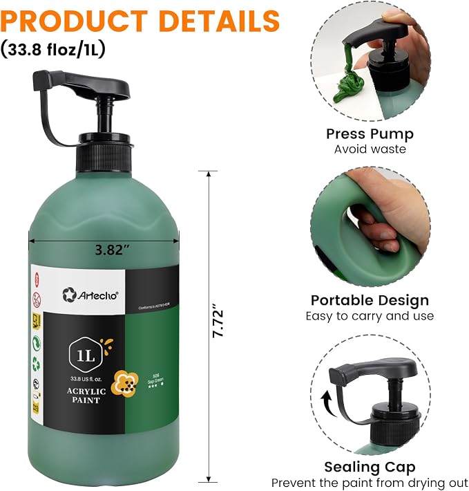 Artecho Sap Green Acrylic Paint 1000ml / 33.8 fl oz Pump Dispenser | Large - Image 3