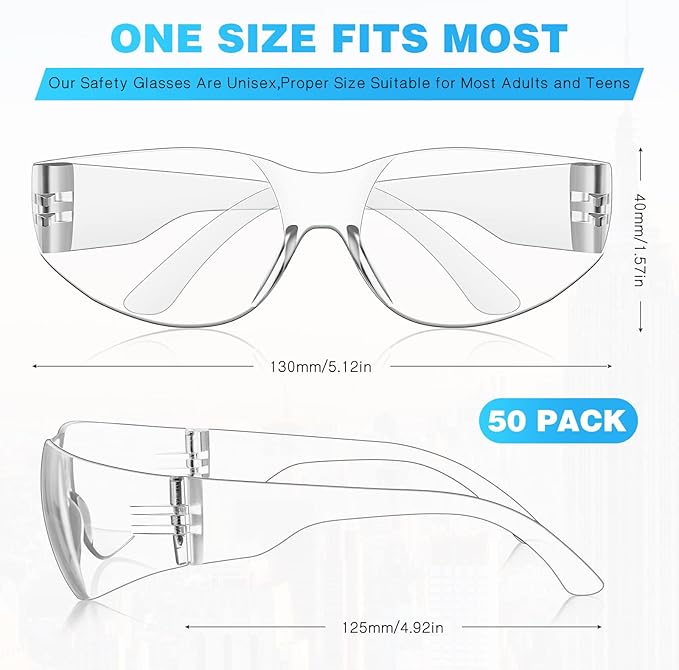 WFEANG Safety Glasses - Clear Protective Eyewear with ANSI Z87.1, Scratch and Impact Resistant, Eye Protection Glasses for Work, Lab, Construction (Pack of 50 Clear)
