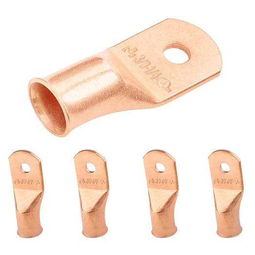 SELTERM 5pcs 3/0 AWG 1/4" Stud Copper Wire Lugs, Ring Terminals, Battery Cable Ends, 000 Gauge Ring Terminal Connectors, UL Heavy Duty Bare Copper Eyelets Battery Terminal Connectors