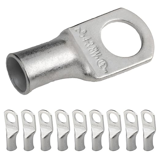 SELTERM 10pcs 4 AWG-3/8 Stud (Wide Pad) Tinned Copper Wire Lugs, Heavy Duty Battery Cable Ends,4 Guage Ring Terminals, UL Battery Lugs Marine Grade Copper Eyelets Battery Terminal Connectors