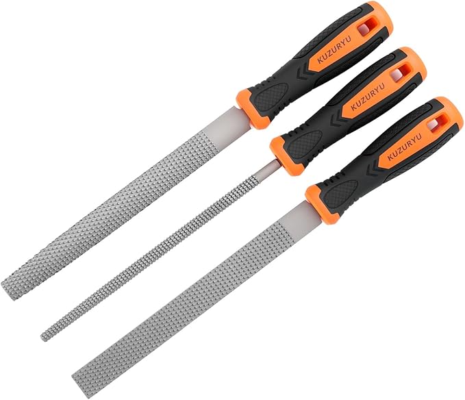 KUZURYU Woodworking Rasp Set – 3PCS Multi-Shape Precision Wood Files（Flat, Half-Round, Round） with Ergonomic Handles for Carpentry, DIY, and Wood Restoration