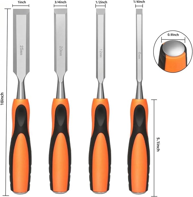 4 Piece Wood Chisel Sets Woodworking Tools Set, Wood Chisels for Woodworking with Steel Hammer End, Wood Tools Chisel Set Woodworking with Ergonomic Plastic Handle