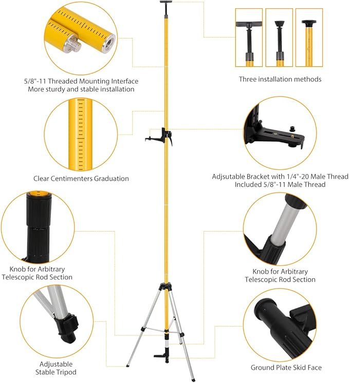 Telescoping Laser Level Pole with Tripod, 12Ft/3.7M Laser Level Stand, Includes 1/4"-20 Laser Mount & 5/8"-11 Adapter for Rotary/Line Lasers