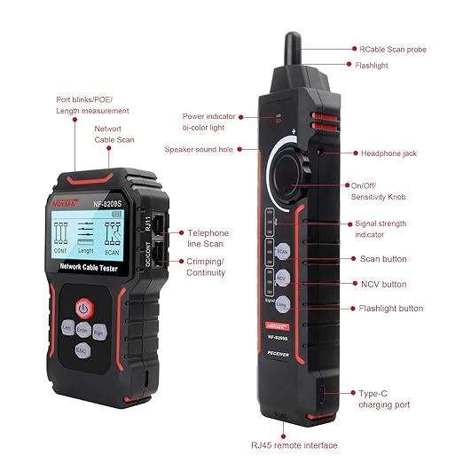 NOYAFA NF-8209S Upgrade Advanced Network Cable Tester with PoE& NCV, Cable Length Test, Port Flashing, Multifunction Anti Interference Scanning Modes Wire Tracker