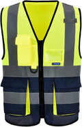 A-SAFETY High Visibility Safety Vest with 4 Reflective Strips 7 Pockets,Yellow&Navy X-Small