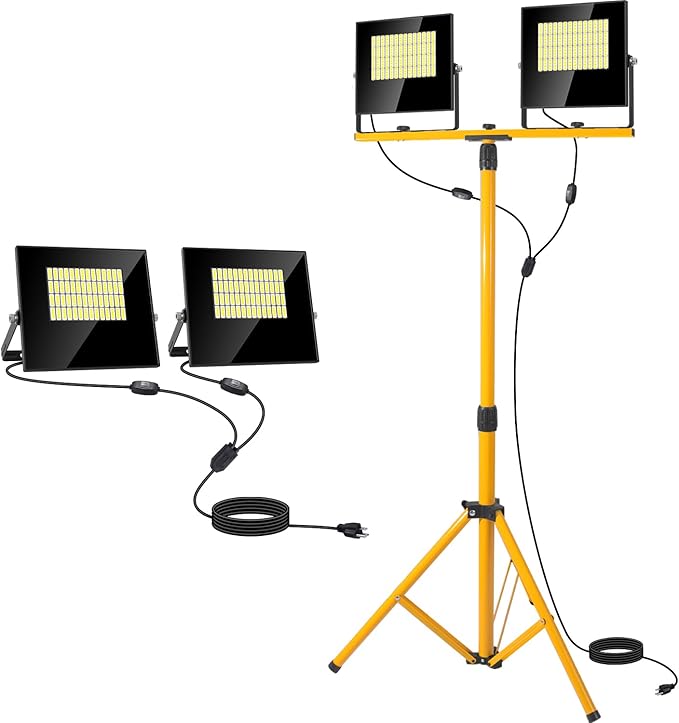 24000 Lumen LED Work Lights with Stand, Floodlight Work Light 2 Adjustable Head Work Light with 16FT IP67 aterproof Tripod Works Light Stand with Individual Switch for Construction Lighting