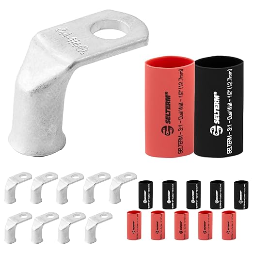 SELTERM 10pcs - 4 AWG 1/4" Stud - 90° Bent Battery Lugs - Ring Terminal Connectors with 12pcs 3:1 Black & Red 1/2" Heat Shrink Tubing | Heavy Duty Battery Cable Ends - Tinned Copper Wire Connector Kit