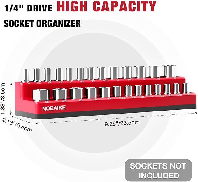1/4 Inch Magnetic Socket Organizer, NOEAIKE 2-Pack Metric &SAE Socket Holder Set 1/4" Drive Socket Trays, Holds 52 Pcs Standard and Deep Size Sockets(Socket not Included)