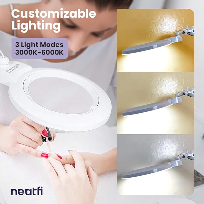 Neatfi XL Bifocal LED Magnifying Lamp, 7-Inch Acrylic Lens, 5D/20D Magnification, Hands-Free, Dimmable, 84 SMD LED, Adjustable Arm for Crafts, Reading, Close Work (White, CCT with Clamp)