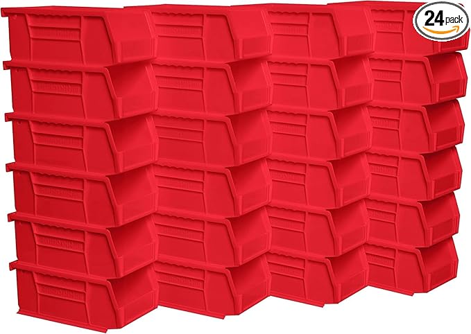 Akro-Mils 30220 AkroBins Plastic Storage Bins, Space-Saving Stackable Bins for Garage, Pantry, Craft Organization, 7-" x 4-" x 3-", Red, 24-Pack