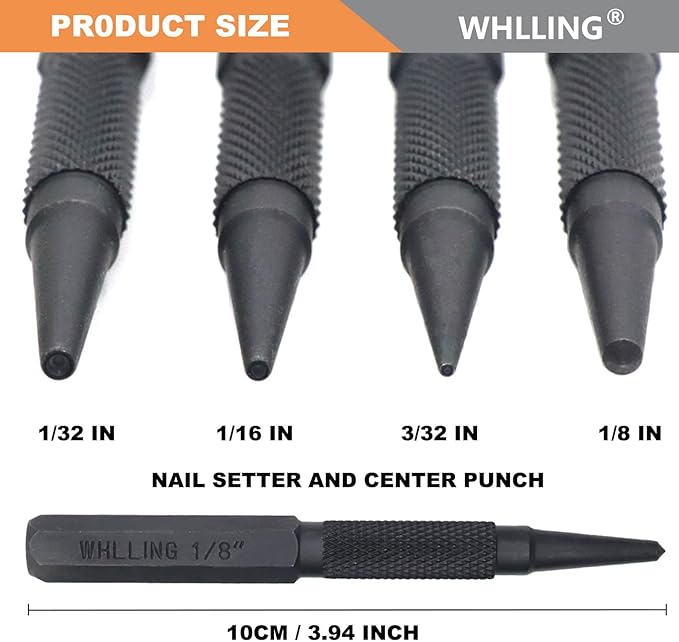 4-Piece Nail Setter Punch and Center Punch Set, Made of High Quality Metal Material with Knurled Grip Includes 1/32", 1/16", 3/32", 1/8" Black-Finished Nail Set