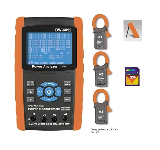 DW-6092 3 Phase Power Quality Analyzer Three Phase Power Quality Meter Tester Real Time Data Recorder Logger with 3 PCS CP-1200 Current Probes 20A 200A 1200A | 1P/2W, 1P/3W, 3P/3W, 3P/4W