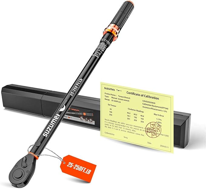 SUZUME Torque Wrench (25-250 Ft. Lb/ 32.5-325 N.m) 72 Tooth Dual-Direction Adjustable Torque Wrench 1/2 Drive with Dual-Scales ±3% High Accuracy 1/2 Torque Wrenches for Trucks