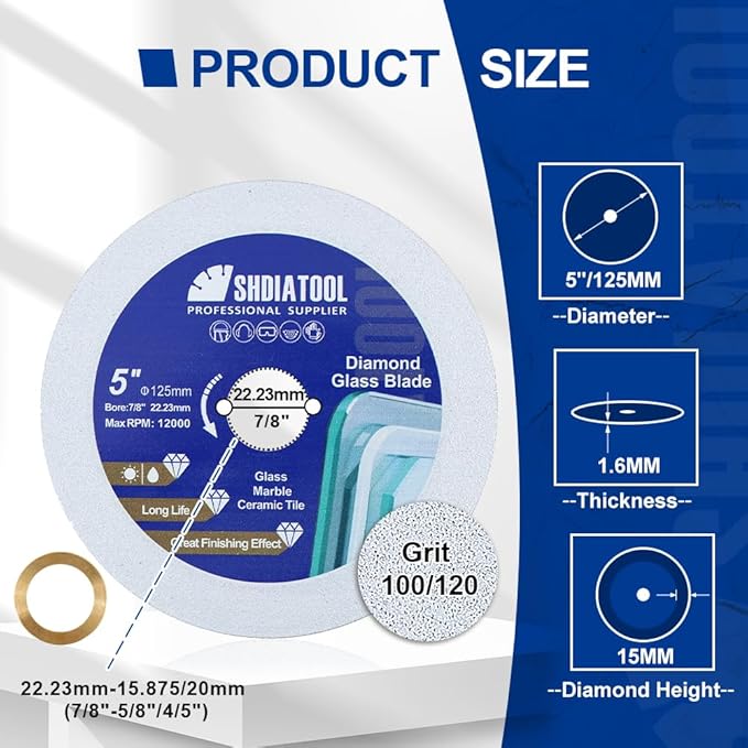 SHDIATOOL Diamond Glass Cutting Disc 5-Inch Saw Blade, Ultra-Thin Cut Off Wheel for Tile Ceramic Porcelain Marble 125mm (2 of Pack)